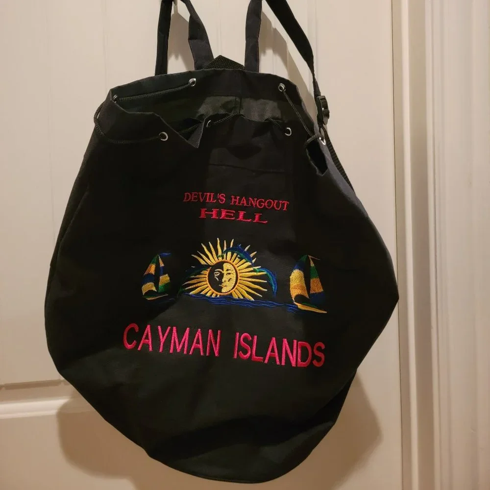 Cayman Islands Drawstring Backpack Black Canvas Embroidered Travel Souvenir Bag